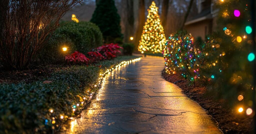 Christmas lights along a pathway with lit up Christmas tree