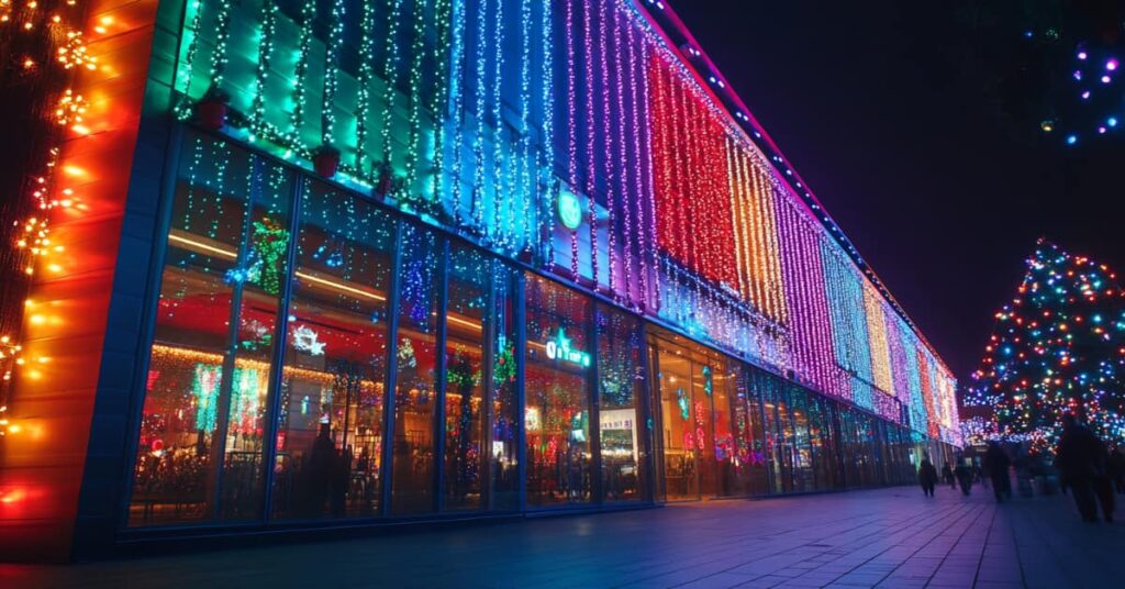 commercial building with many colorful Christmas holiday lights
