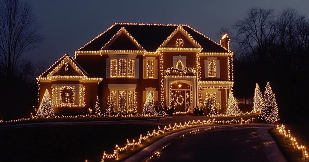 house lit up with all white lights for the 2024 holiday season