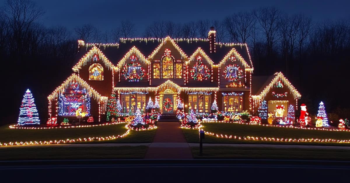lare house lit up with Christmas lights, concept of a Retro Christmas Outdoor Lighting Display
