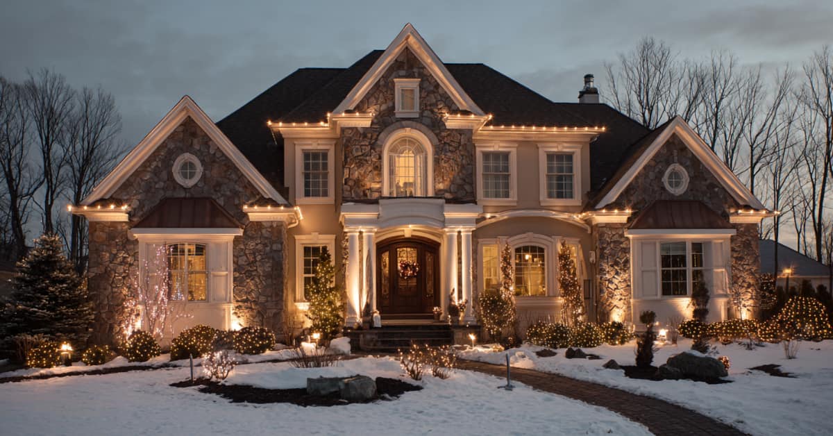 Warm white and gold hues lights on house, Christmas Lighting Ideas for 2025