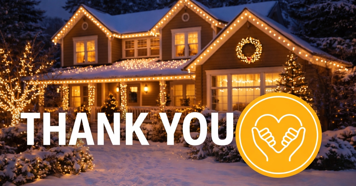home with christmas lights and the words thank you with heart in hand icon